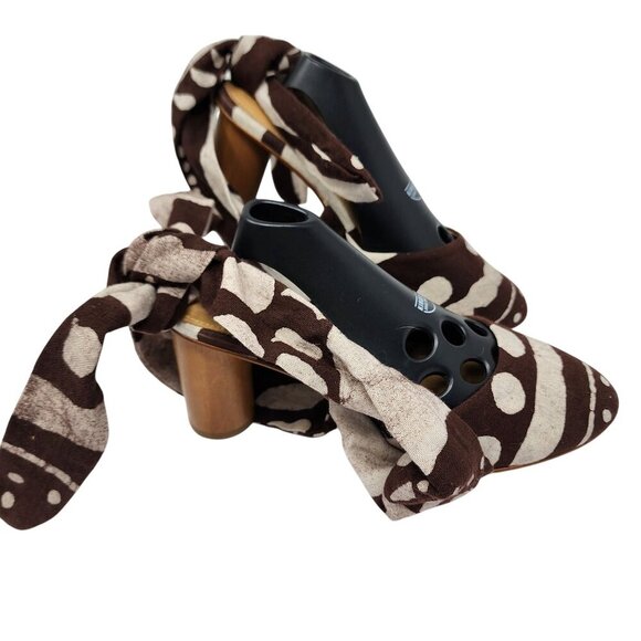 Shekudo Handmade Brown & White Heeled Mules W/ Wrap Ties Size 9.5 - Picture 3 of 9